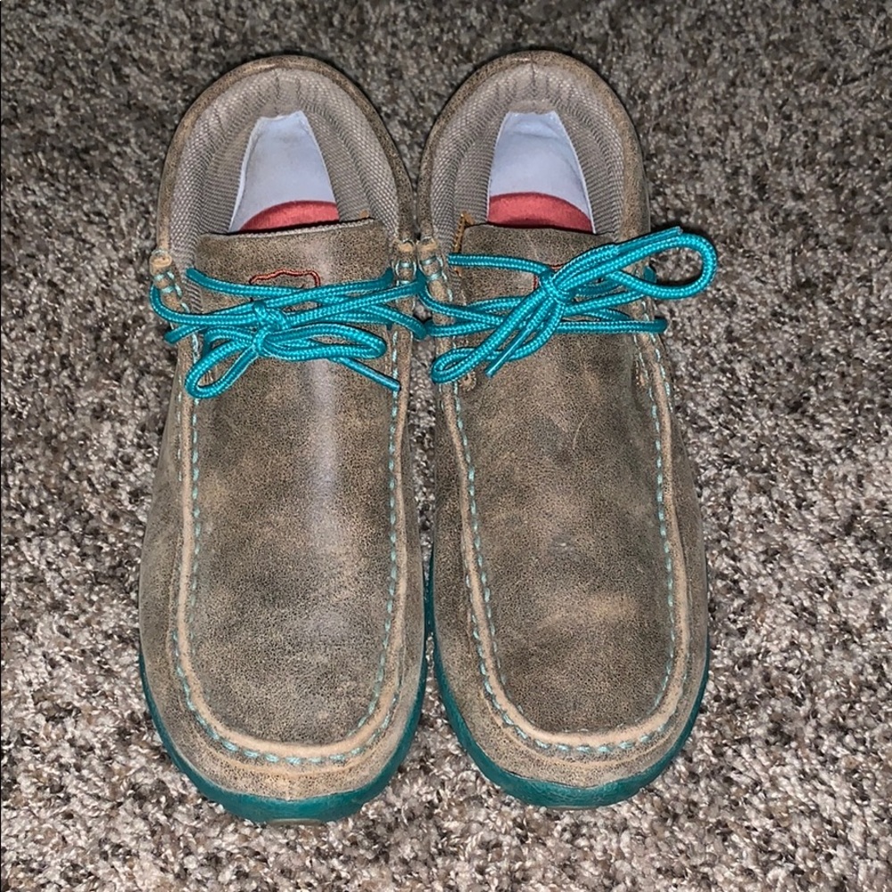 Teal and brown twisted X moccasins